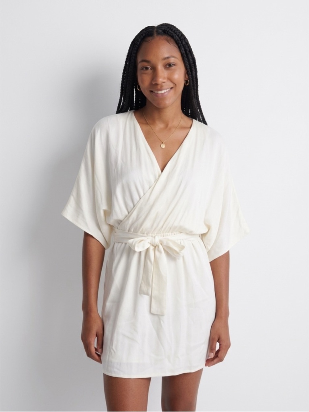 Wrap Mini Dress with Tie Waist in white